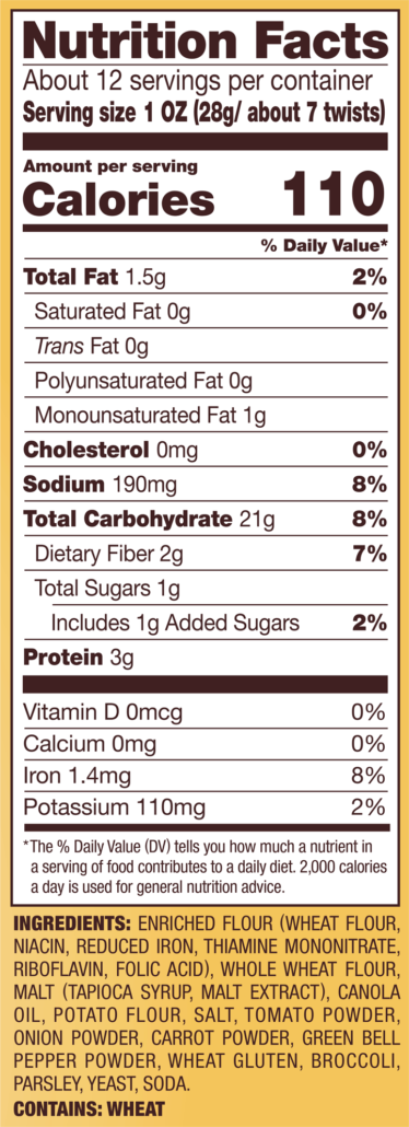 Garden Vegetable Braided Twists Nutrition Facts Panel
