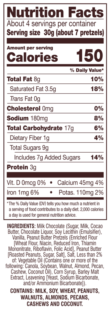 Milk Chocolate Peanut Butter Filled Pretzels Nutrition Facts Panel