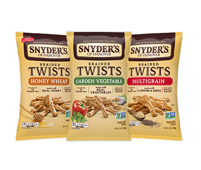 Snyder's of Hanover Braided Twists Honey Wheat, Garden Vegetable, and Multigrain Packages