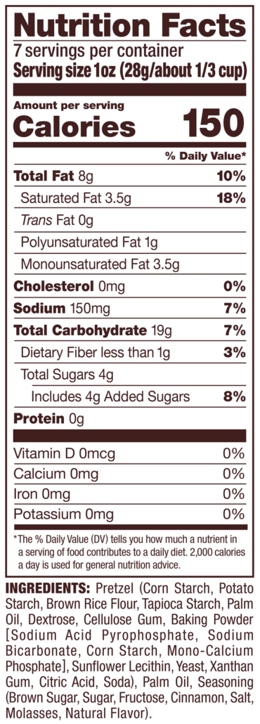 Gluten Free Cinnamon Brown Sugar Pretzel Pieces Nutrition Facts Panel
