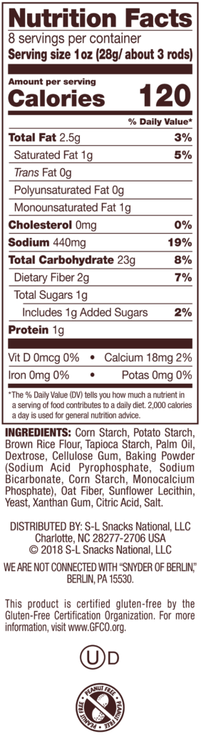 Gluten Free Pretzel Rods Nutrition Facts Panel